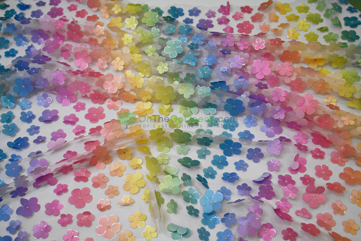 Rainbow 3D Flower Embroidered Tulle | Light & Soft | Ideal for Gowns, Kidswear & Cosplay