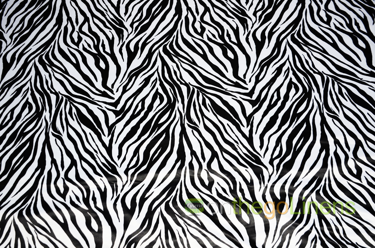 White Black Zebra Lamour Satin Tablecloth | Zebra Print Table Linens for Events & Decor |