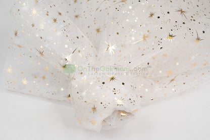 Star Foil Organza Fabric by the Yard | Metallic Star Print on Organza Fabric | 60" Wide | Multiple Colors |