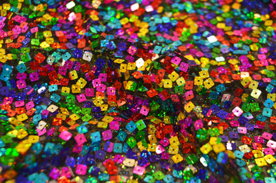Rainbow Square Sequins Fabric by the Yard | Multi Color Sequins Fabric | 52" Wide | Holographic Square Sequins |