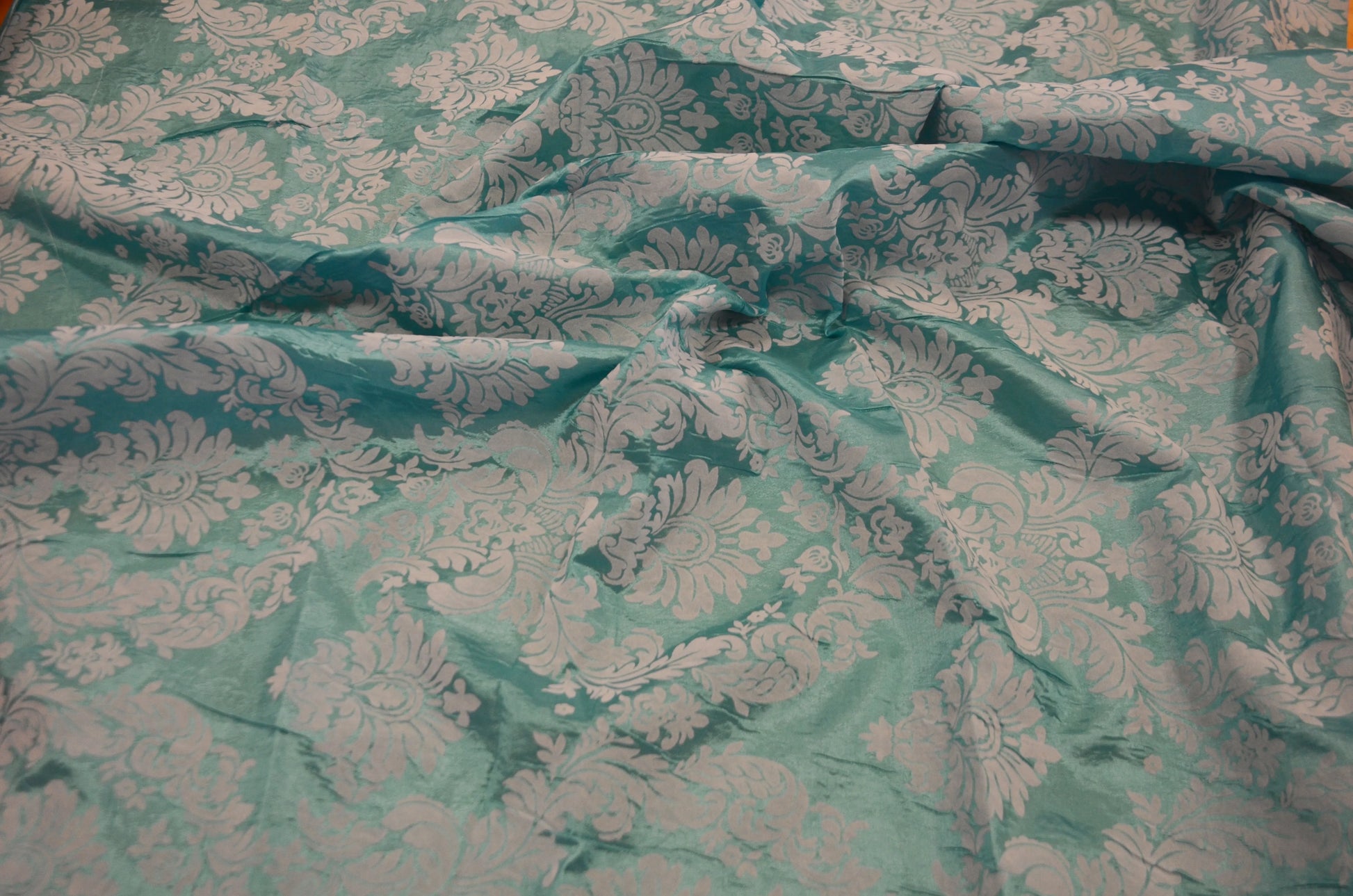 Damask Flocking Aqua on White