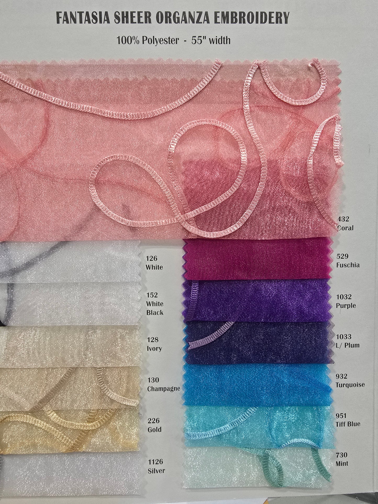 Fantasia Sheer Organza Embroidery Fabric by the Yard 54" Wide Multiple Colors
