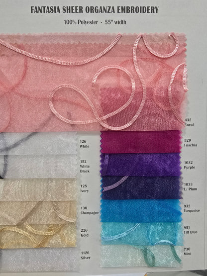 Fantasia Sheer Organza Embroidery Fabric by the Yard 54" Wide Multiple Colors