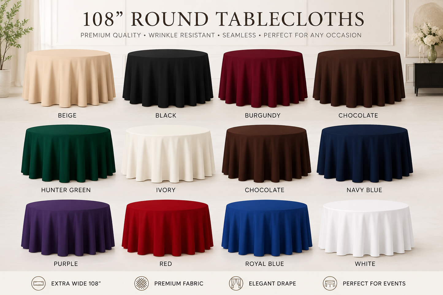 108 inch round tablecloth in multiple colors