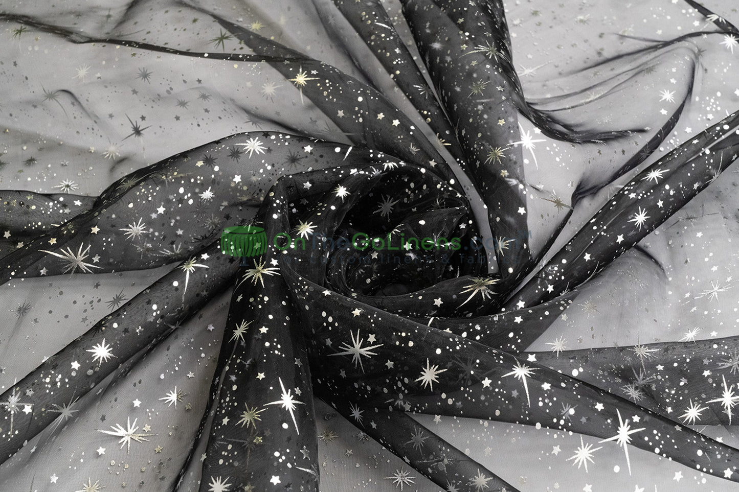 Star Foil Organza Fabric by the Yard | Metallic Star Print on Organza Fabric | 60" Wide | Multiple Colors |
