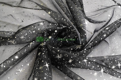 Star Foil Organza Fabric by the Yard | Metallic Star Print on Organza Fabric | 60" Wide | Multiple Colors |