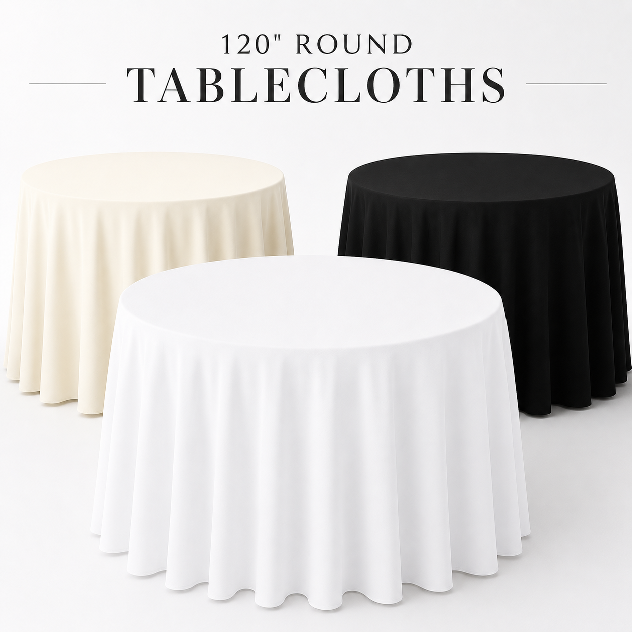 120" Round Tablecloth in White Ivory and black