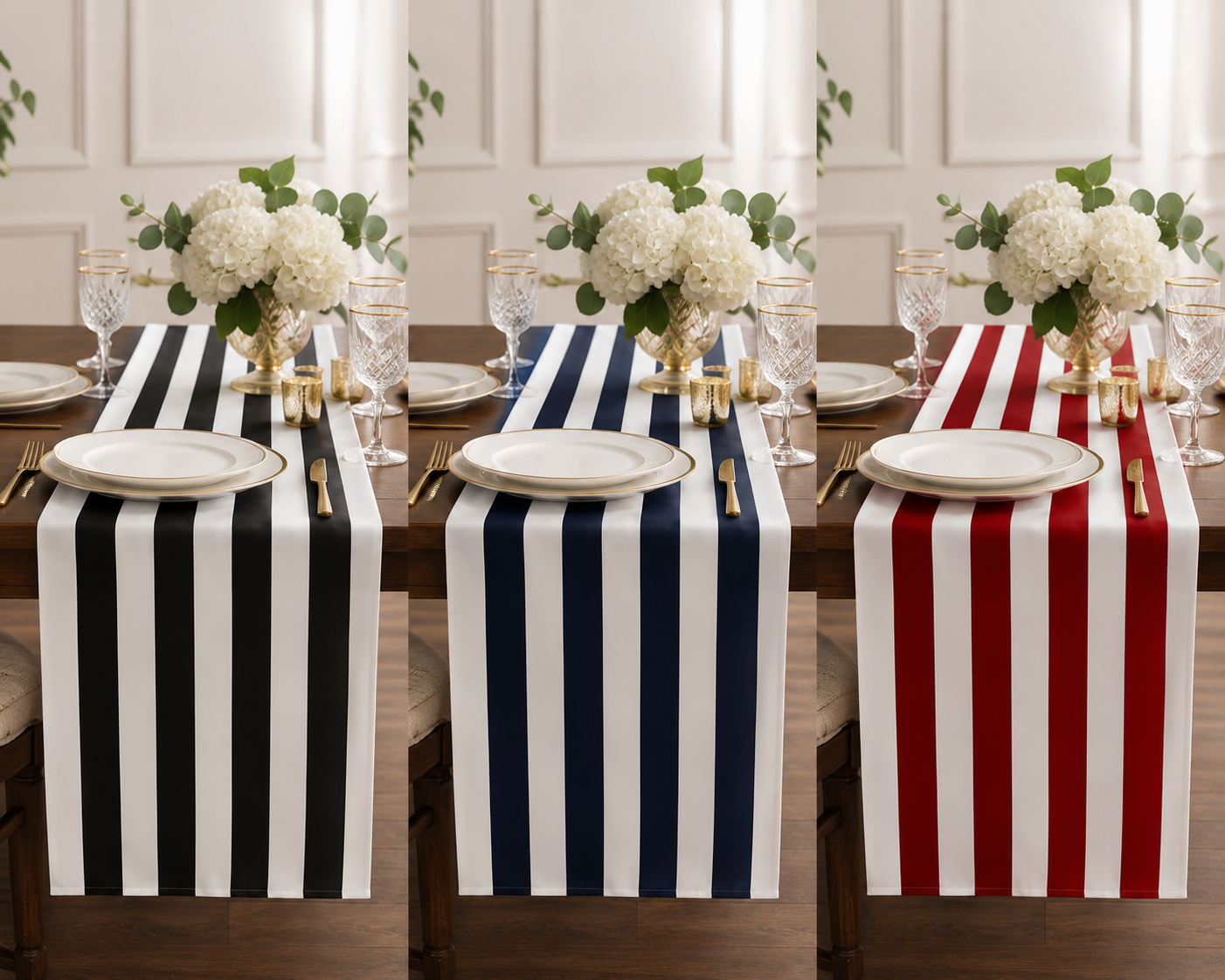 Three striped table runners displayed on a dining table with white plates, gold cutlery, and white flower arrangements. The left runner is black and white, the middle is navy and white, and the right is red and white.