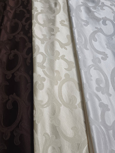 Scarlet Brocade Tablecloths | Damask Brocade Table Linens | White Ivory Brown |