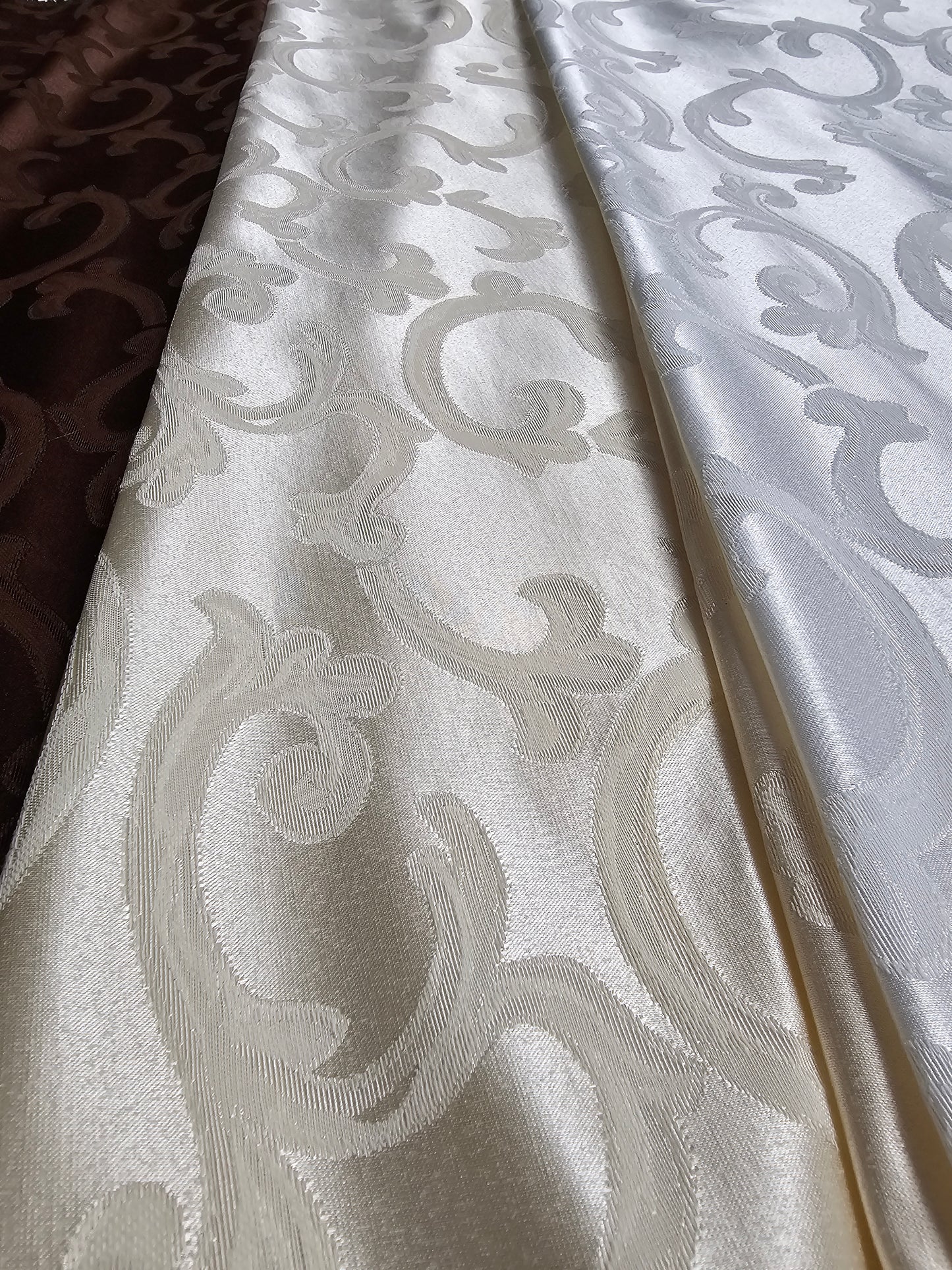 Scarlet Brocade Tablecloths | Damask Brocade Table Linens | White Ivory Brown |