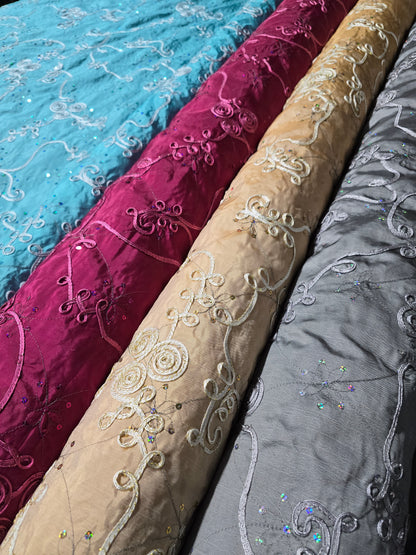 Ribbon Taffeta with Sequins Fabric by the Yard | Sequins Ribbon Taffeta Fabric | 54" Wide |