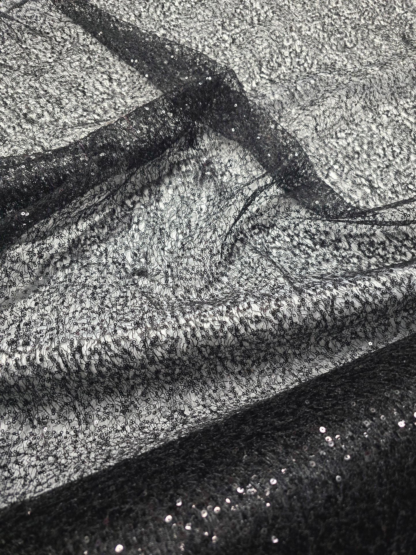 Black Spider Web Sequins Fabric by the Yard | Black Delicate Mesh Embroidery with Sequins |