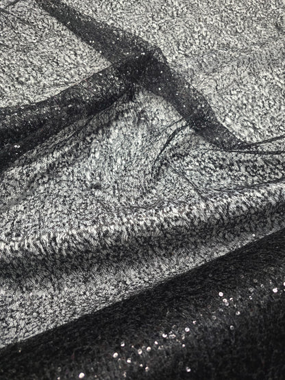 Black Spider Web Sequins Fabric by the Yard | Black Delicate Mesh Embroidery with Sequins |