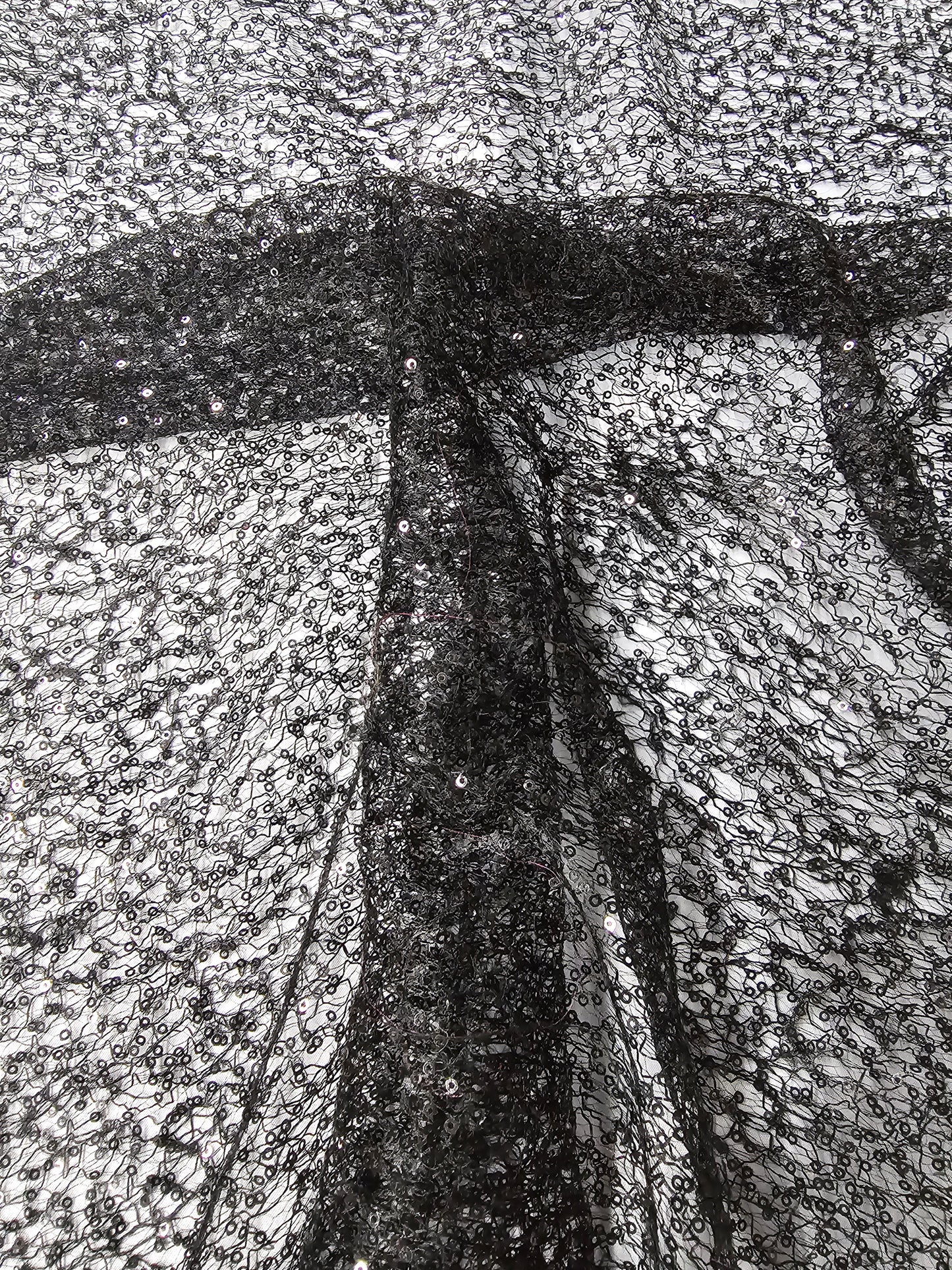 Black Spider Web Sequins Fabric by the Yard | Black Delicate Mesh Embroidery with Sequins |