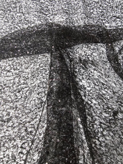 Black Spider Web Sequins Fabric by the Yard | Black Delicate Mesh Embroidery with Sequins |