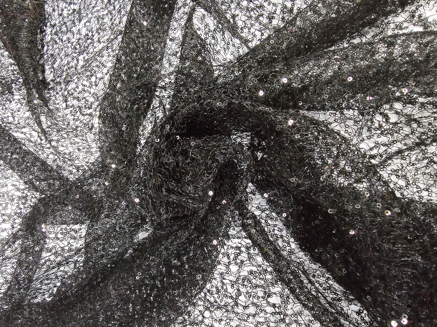 Black Spider Web Sequins Fabric by the Yard | Black Delicate Mesh Embroidery with Sequins |