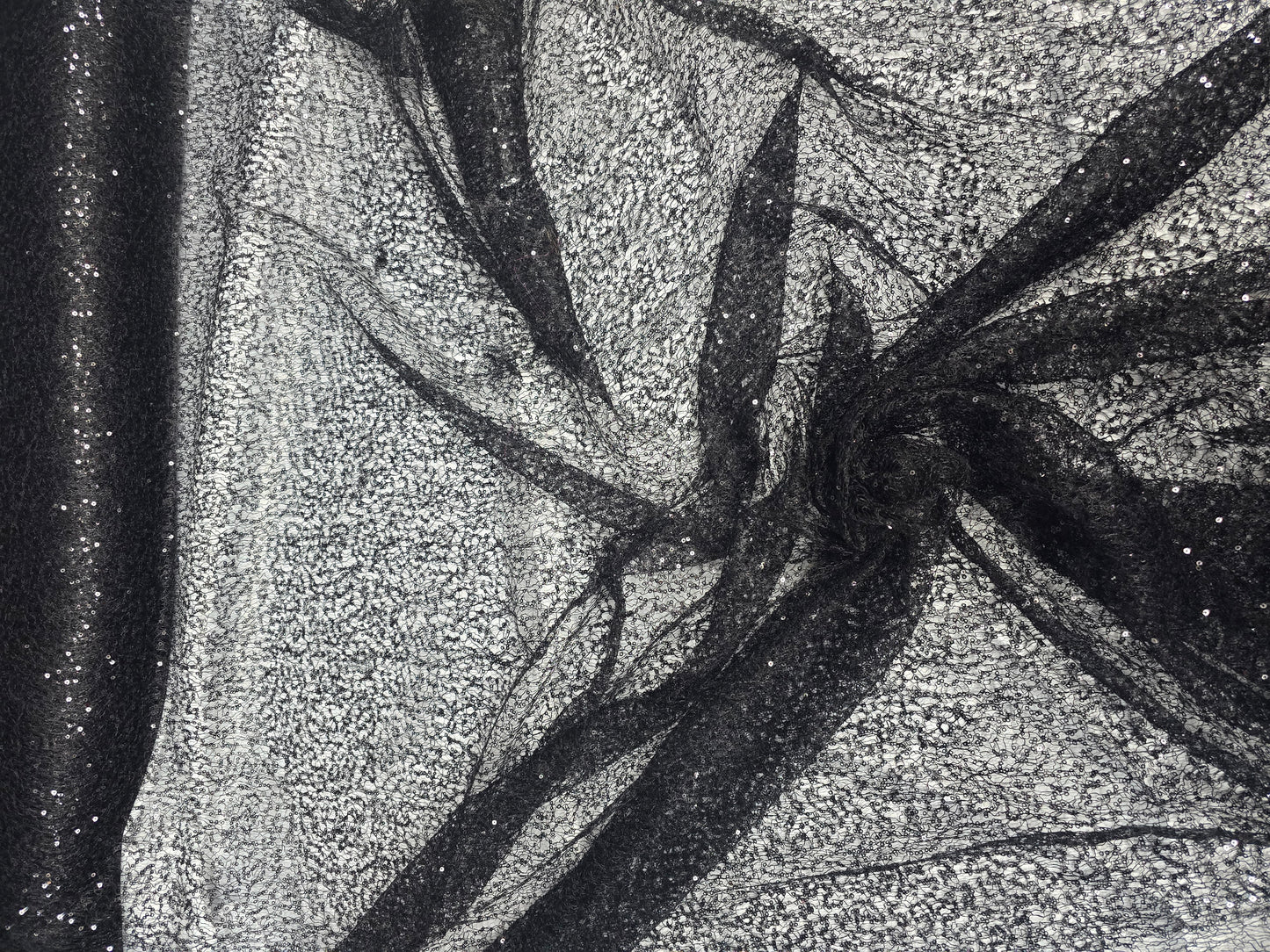 Black Spider Web Sequins Fabric by the Yard | Black Delicate Mesh Embroidery with Sequins |