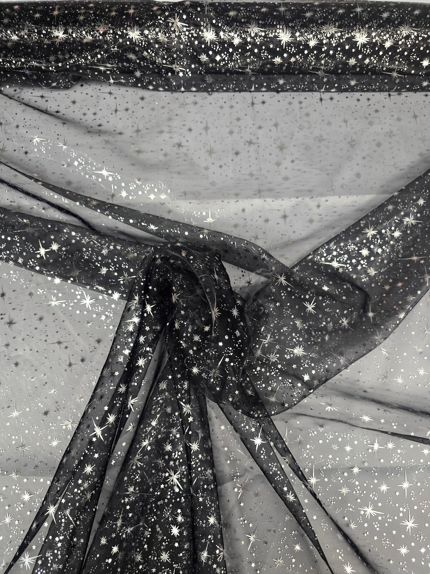 Star Foil Organza Fabric by the Yard | Metallic Star Print on Organza Fabric | 60" Wide | Multiple Colors |