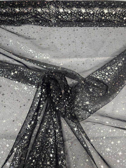 Star Foil Organza Fabric by the Yard | Metallic Star Print on Organza Fabric | 60" Wide | Multiple Colors |