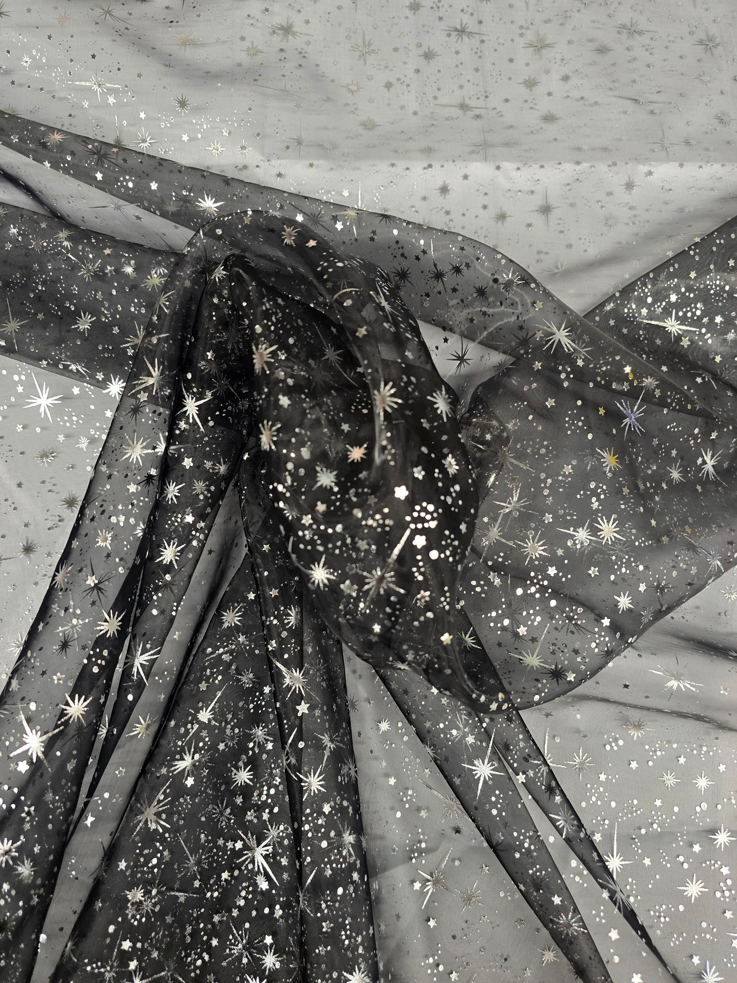Star Foil Organza Fabric by the Yard | Metallic Star Print on Organza Fabric | 60" Wide | Multiple Colors |