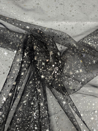 Star Foil Organza Fabric by the Yard | Metallic Star Print on Organza Fabric | 60" Wide | Multiple Colors |