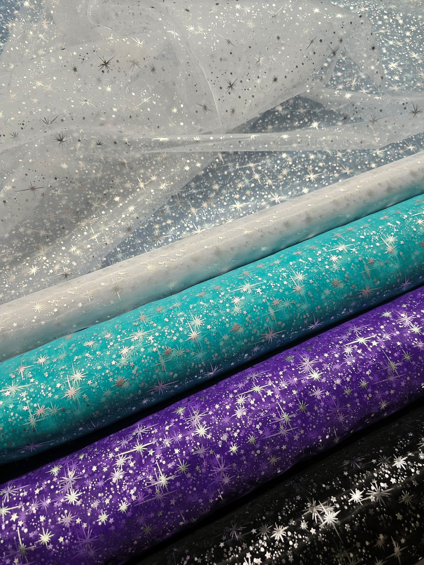 Star Foil Organza Fabric by the Yard | Metallic Star Print on Organza Fabric | 60" Wide | Multiple Colors |