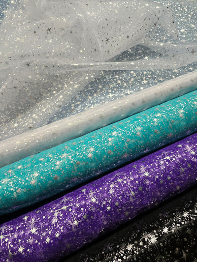 Star Foil Organza Fabric by the Yard | Metallic Star Print on Organza Fabric | 60" Wide | Multiple Colors |