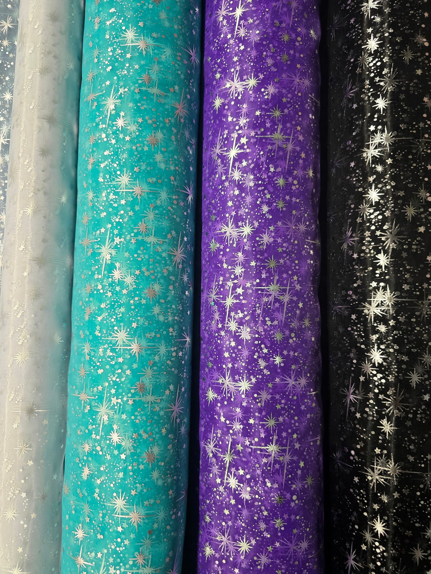 Star Foil Organza Fabric by the Yard | Metallic Star Print on Organza Fabric | 60" Wide | Multiple Colors |