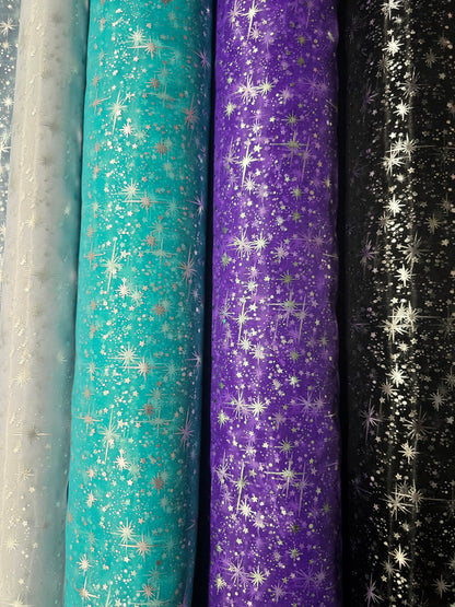 Star Foil Organza Fabric by the Yard | Metallic Star Print on Organza Fabric | 60" Wide | Multiple Colors |