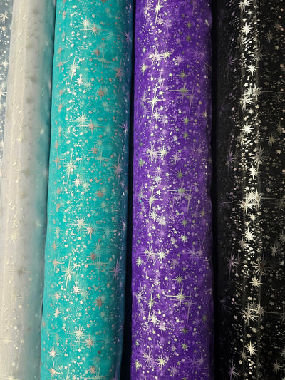 Star Foil Organza Fabric by the Yard | Metallic Star Print on Organza Fabric | 60" Wide | Multiple Colors |