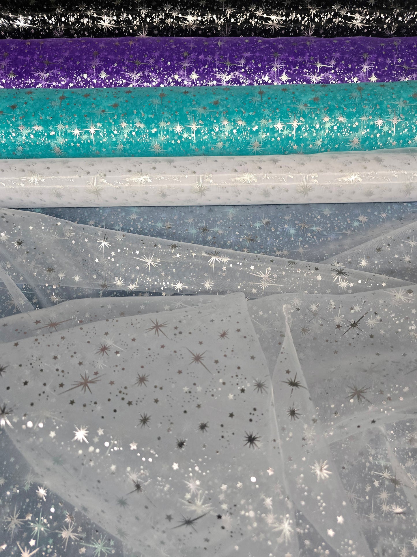 Star Foil Organza Fabric by the Yard | Metallic Star Print on Organza Fabric | 60" Wide | Multiple Colors |