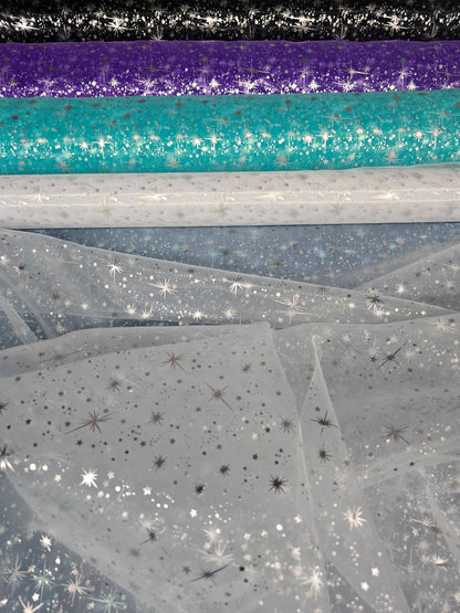 Star Foil Organza Fabric by the Yard | Metallic Star Print on Organza Fabric | 60" Wide | Multiple Colors |