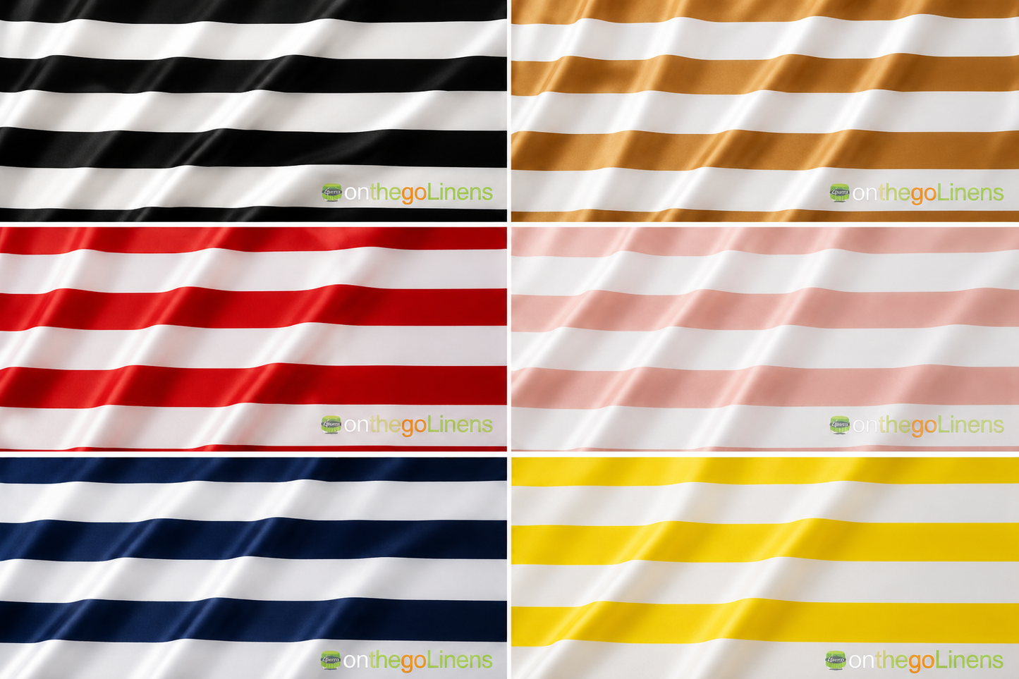 Six striped fabric swatches arranged in a 2x3 grid, each with horizontal bands in different color combinations: black and white, tan and white, red and white, pale pink and white, navy blue and white, and yellow and white. Small 'ontheGoLinens' watermarks appear near the bottom of each panel.
