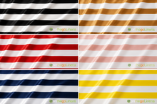 Six striped fabric swatches arranged in a 2x3 grid, each with horizontal bands in different color combinations: black and white, tan and white, red and white, pale pink and white, navy blue and white, and yellow and white. Small 'ontheGoLinens' watermarks appear near the bottom of each panel.