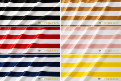 Six striped fabric swatches arranged in a 2x3 grid, each with horizontal bands in different color combinations: black and white, tan and white, red and white, pale pink and white, navy blue and white, and yellow and white. Small 'ontheGoLinens' watermarks appear near the bottom of each panel.