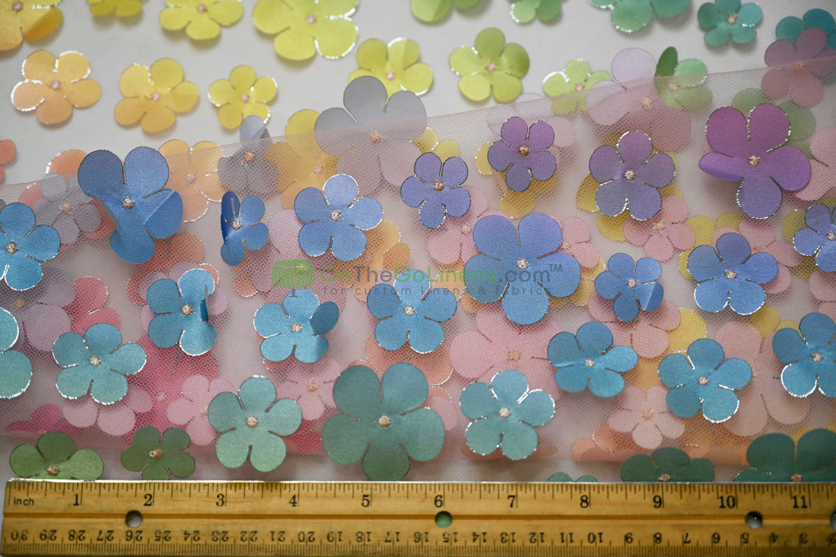 Rainbow 3D Flower Embroidered Tulle | Light & Soft | Ideal for Gowns, Kidswear & Cosplay