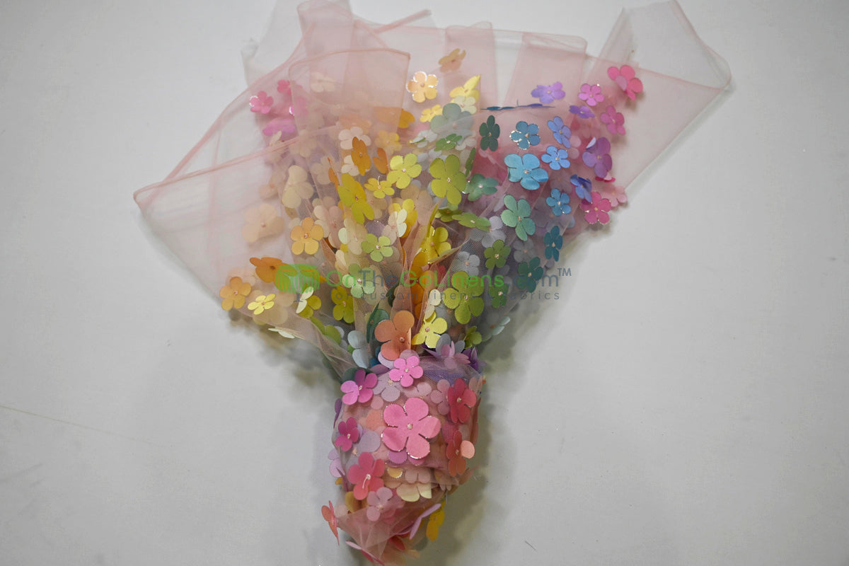 Rainbow 3D Flower Embroidered Tulle | Light & Soft | Ideal for Gowns, Kidswear & Cosplay