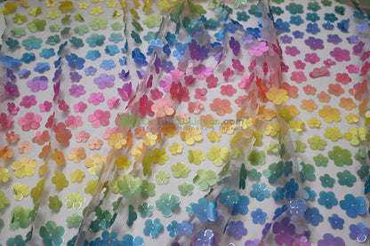 Rainbow 3D Flower Embroidered Tulle | Light & Soft | Ideal for Gowns, Kidswear & Cosplay