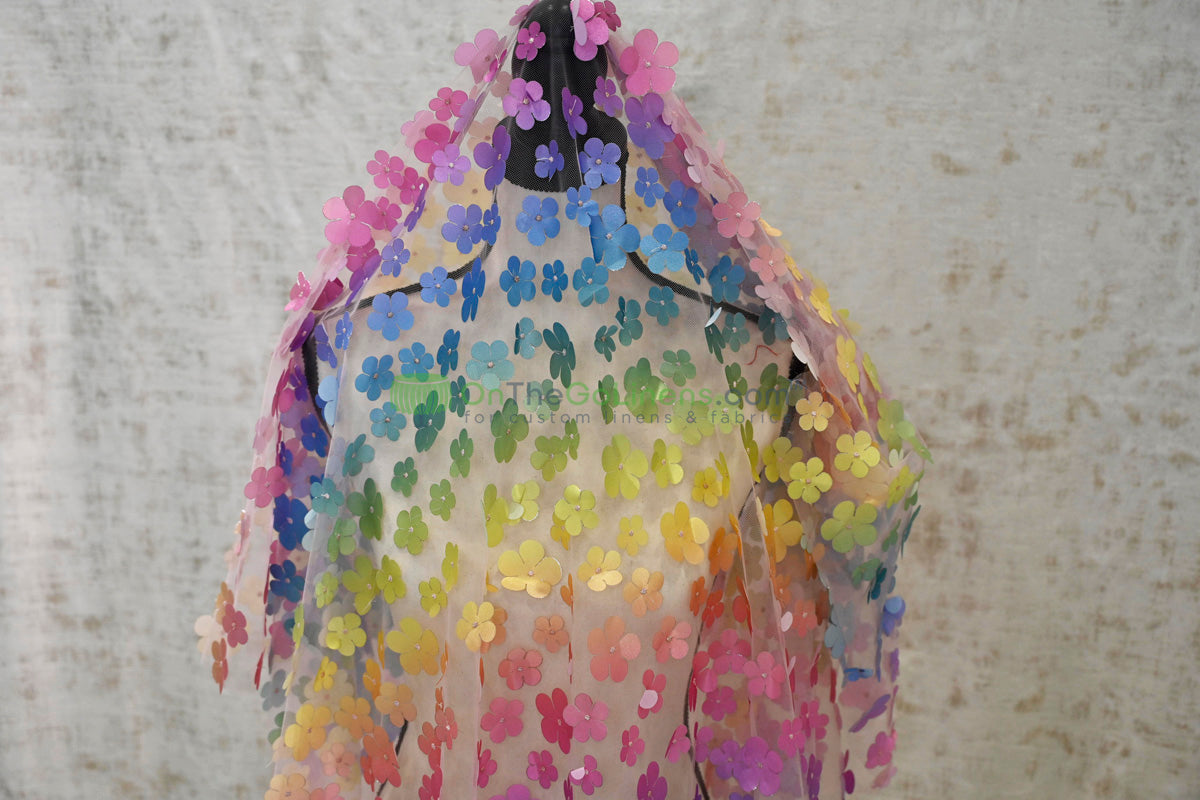 Rainbow 3D Flower Embroidered Tulle | Light & Soft | Ideal for Gowns, Kidswear & Cosplay