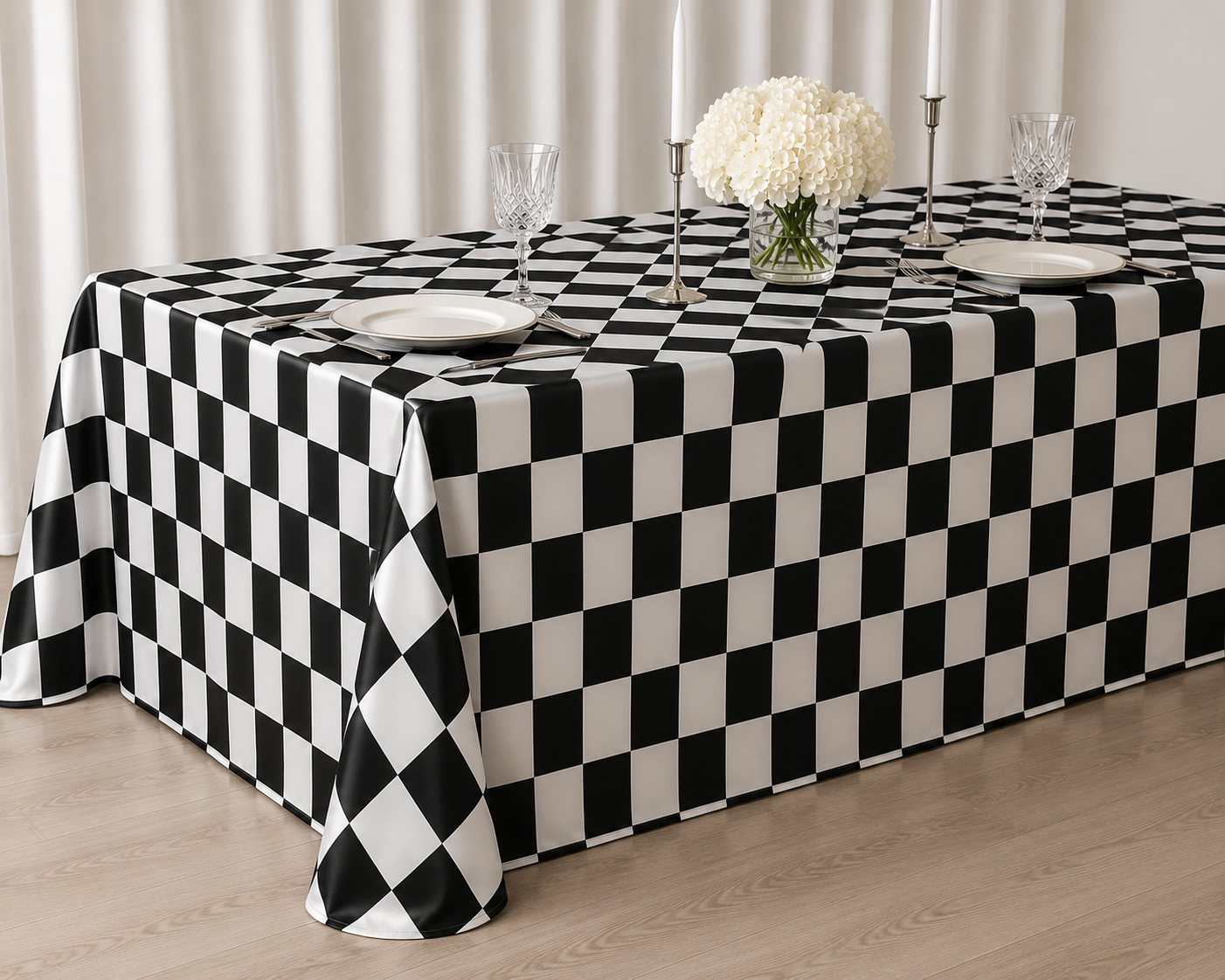 3 inch checker lamour satin 8ft table drape 