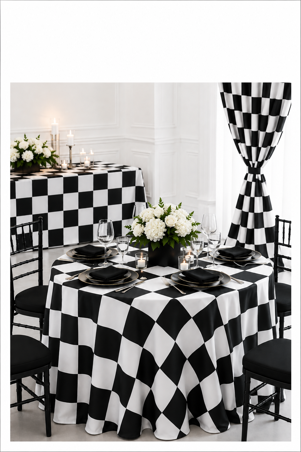 A black and white checkered tablecloth draped over a round dining table, styled with black plates, white floral centerpieces, and black chairs. A matching checkered curtain hangs in the background against a white paneled wall.