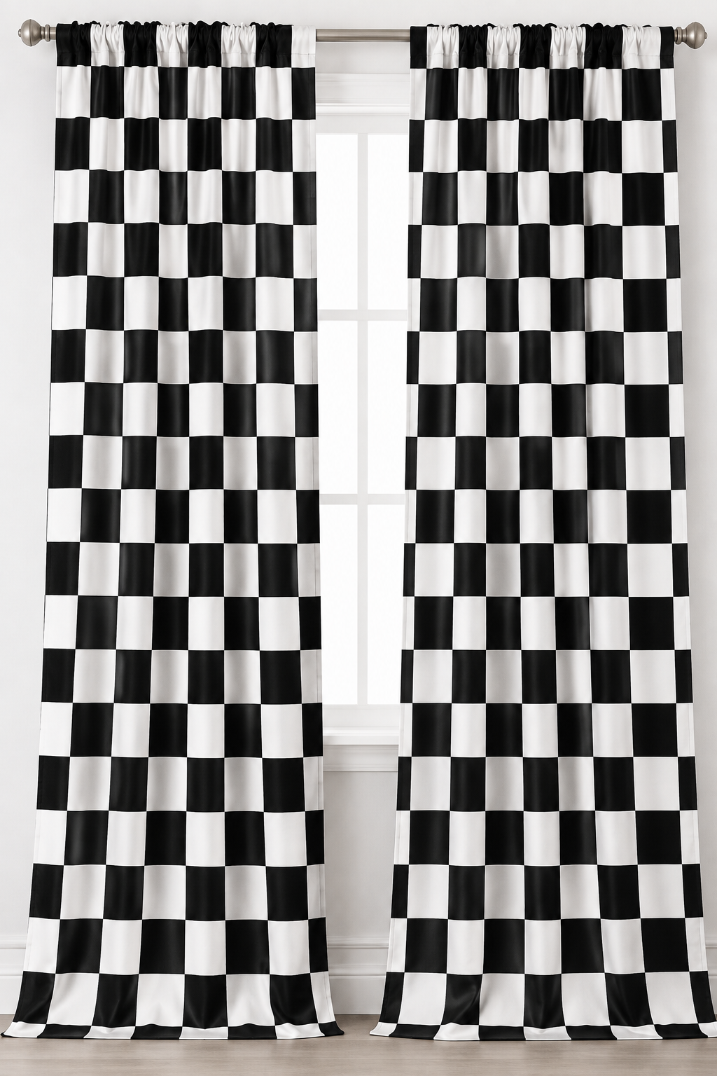 Black and white checkered curtain panels hanging from a silver rod over a window.