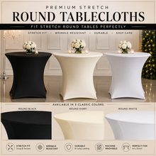 Round tablecloth product graphic showing three fitted stretch round table covers in black, ivory, and white, with floral table centerpieces and marketing text for premium stretch round tablecloths.