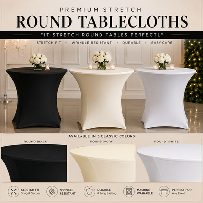 Round tablecloth product graphic showing three fitted stretch round table covers in black, ivory, and white, with floral table centerpieces and marketing text for premium stretch round tablecloths.