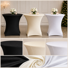 Three round bar tables covered in stretch table covers, shown in black, cream, and white. The top panel shows the tables styled with white flower bouquets and candles in an indoor event space, while the bottom panels show close-up views of the fabric textures and drape.