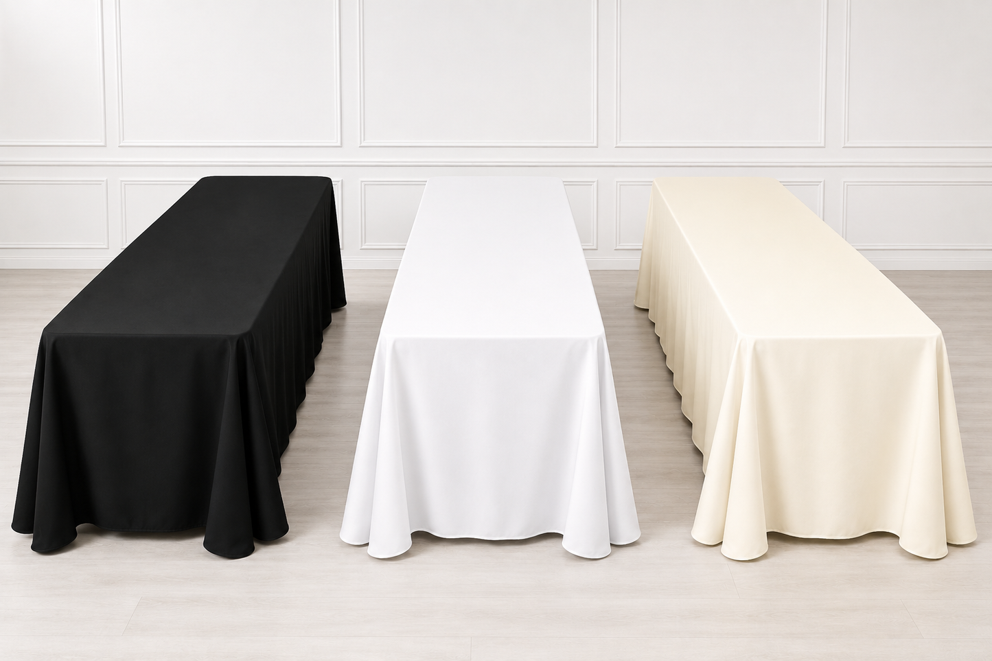 3 Tables Next to Each Other, 8ft Table Drapes for events in white ivory and black