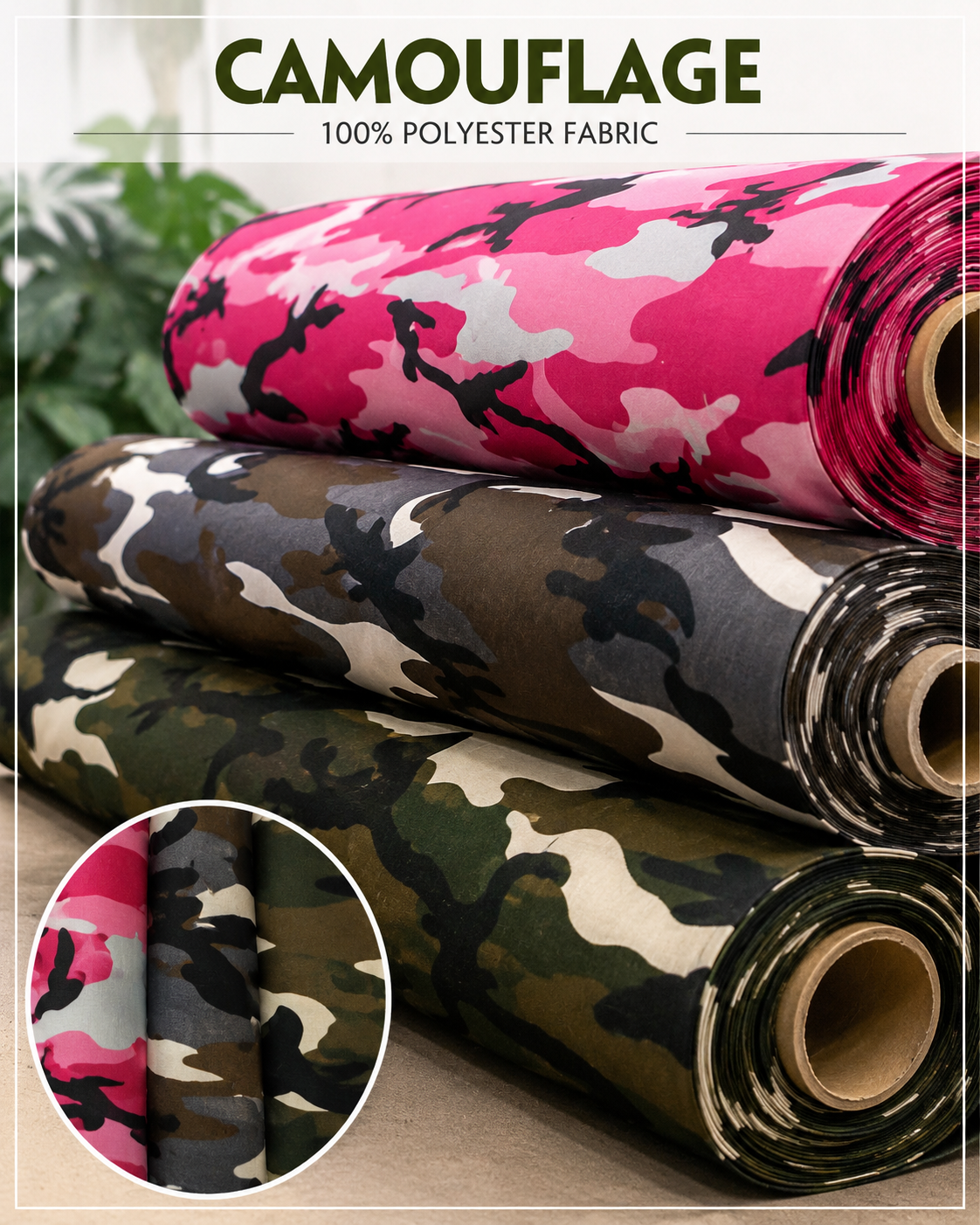 Army Camouflage Cotton Fabric by the Yard 60" Wide 100% Cotton in Hunter Green, Fuchsia and Grey
