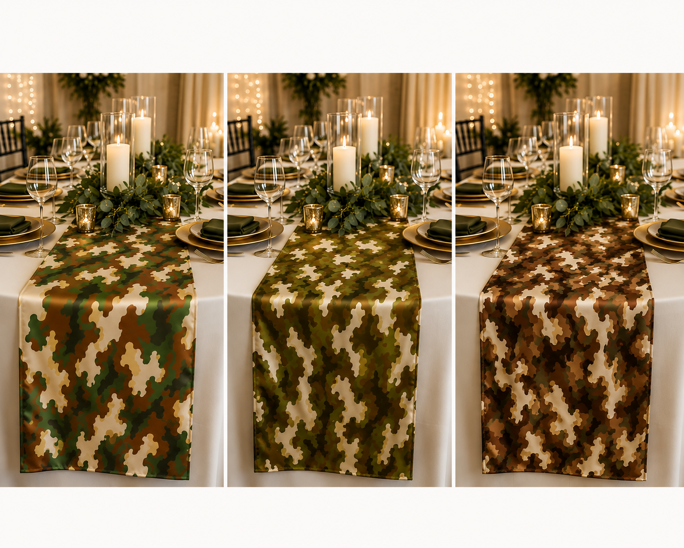 Three vertical panels show a camouflage table runner draped across a dining table set with white linens, glassware, candles, and greenery in a warmly lit indoor event setting.