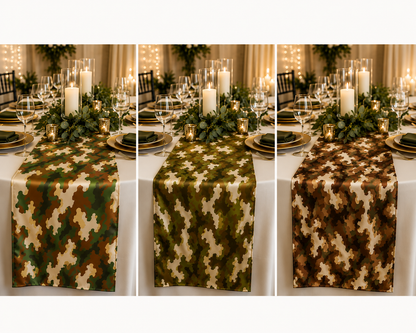 Three vertical panels show a camouflage table runner draped across a dining table set with white linens, glassware, candles, and greenery in a warmly lit indoor event setting.