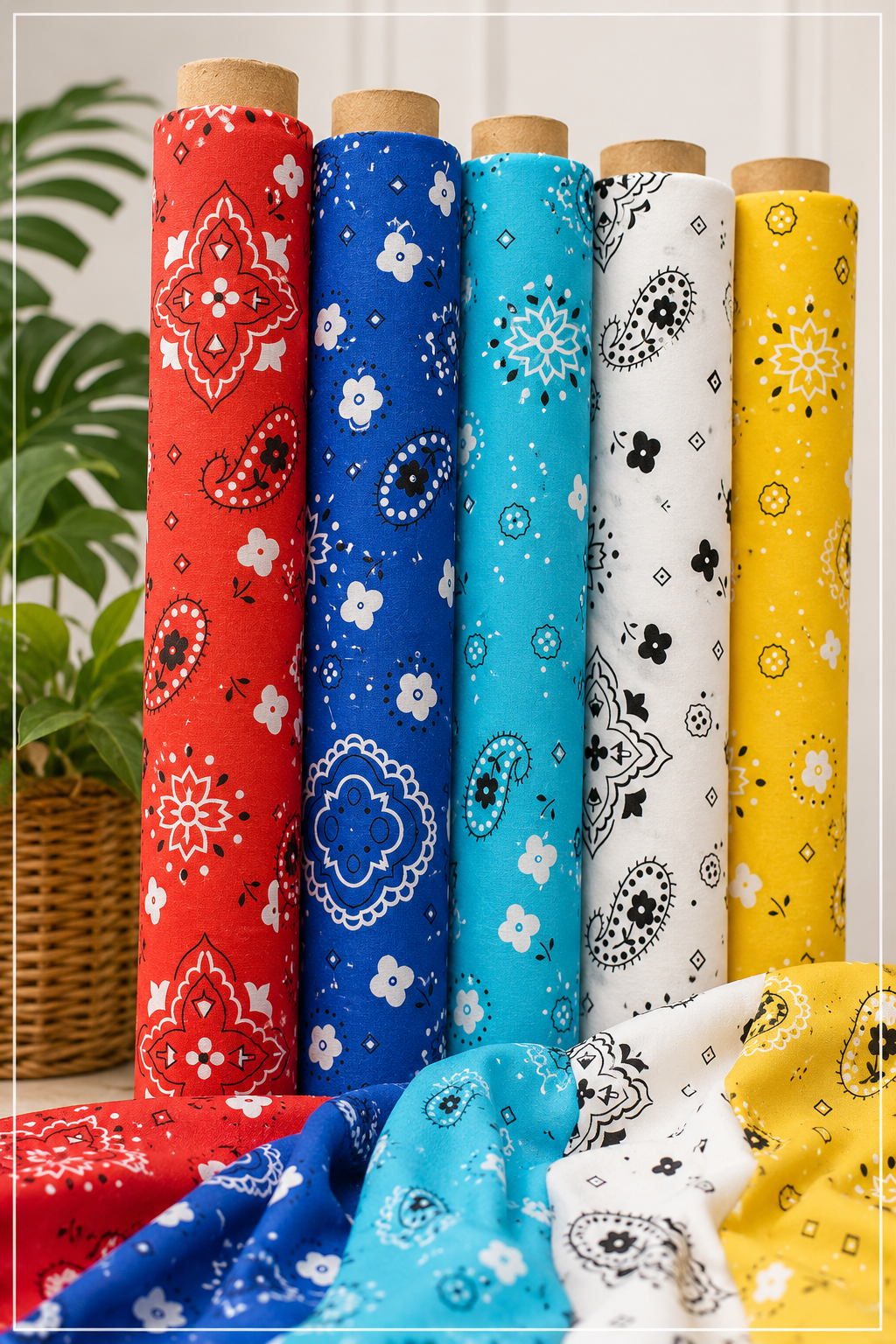 Six rolls of patterned fabric in red, blue, turquoise, white, and yellow are displayed upright, with additional fabric draped in the foreground. The fabrics feature traditional bandana-style paisley and floral motifs.